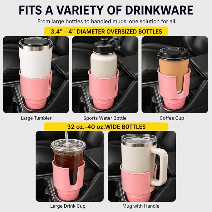 Car Cup Holder Expander for Large Bottles, Fits 32 oz to 40 oz Water Bottles and Handle Mugs, Secure Base for Most Vehicle Cup Holders, Durable ABS, Easy to Install, Durable ABS (Pink) - Image 6