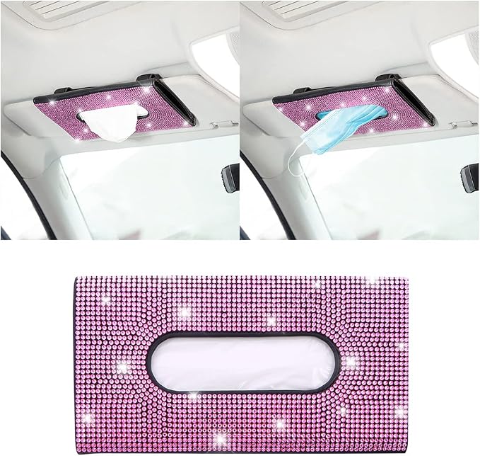 Bling Car Sun Visor Tissue Box Holder, Rhinestone PU Leather Crystal Sparkling Napkin Holder, Backseat Paper Towel Cover Case Car Accessories for Women (Pink) by Unknown