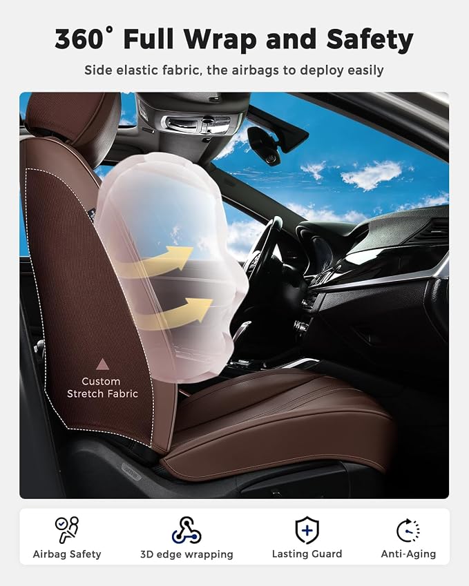 Huidasource Coffee Seat Covers, Luxury Faux Leather Car Seat Cover, Velcro Adjustable, with Airbags, Child Seat, Perforation Cooling＆Heating, Universal Fit for Most Cars, Vans, Trucks, SUVs, Coffee - Image 4