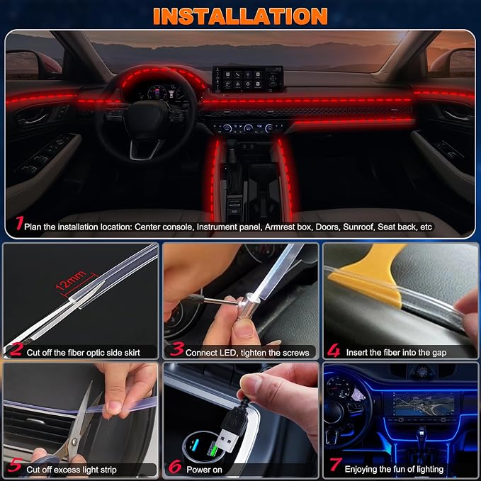 Jushope Car LED Lights, Interior Car Lights with Wireless APP/RF Remote/Button Control, Car Ambient Lighting Kit with 315" Integrated Molding Fiber Optic RGB Sync to Music (6 in 1-USB) - Image 5