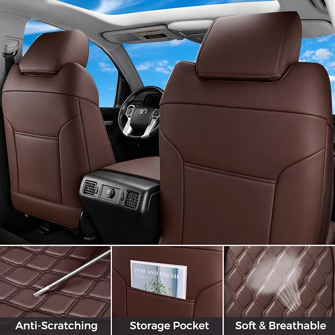 Huidasource Coffee Front Seat Covers Fit for Toyota Tacoma 2005-2015 All Cab Base Prerunner SR5 Limited TRD Sport Front Row, 360° Full-wrap Waterproof Nappa Leather Automotive Seat Cushion Cover - Image 3