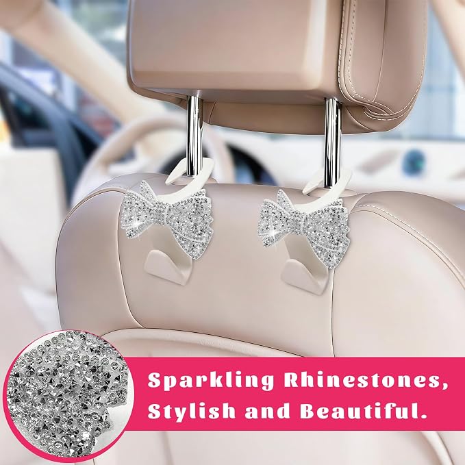 2 PCS Bling Car Headreat Hook, Crystal Rhinestone Bow Hanger Multifunctional Rear Seats Storage Organizer, Vehicle Sparkling Diamond Seat Headrest Hooks for Handbag Purse Coat (White) - Image 5