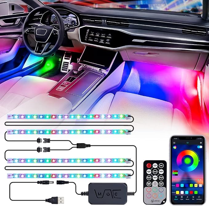 Xprite Dreamcolor USB LED Cars Interior Lights Strip Kits, w/Remote & Bluetooth APP Control, Footwell Under Dash RGB Neon Chasing Inside Lights, DIY Music Mode, Universal for Vehicle Trucks UTV ATV by Xprite