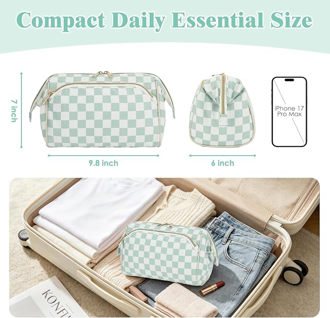 Fammart Travel Makeup Bag for Women, Waterproof Checkered Cosmetic Cosmetic Bag Make Up Organizer Case, Large Wide-open Toiletry Bag for Skincare, Brushes, Bathroom & Travel Essentials - Image 6