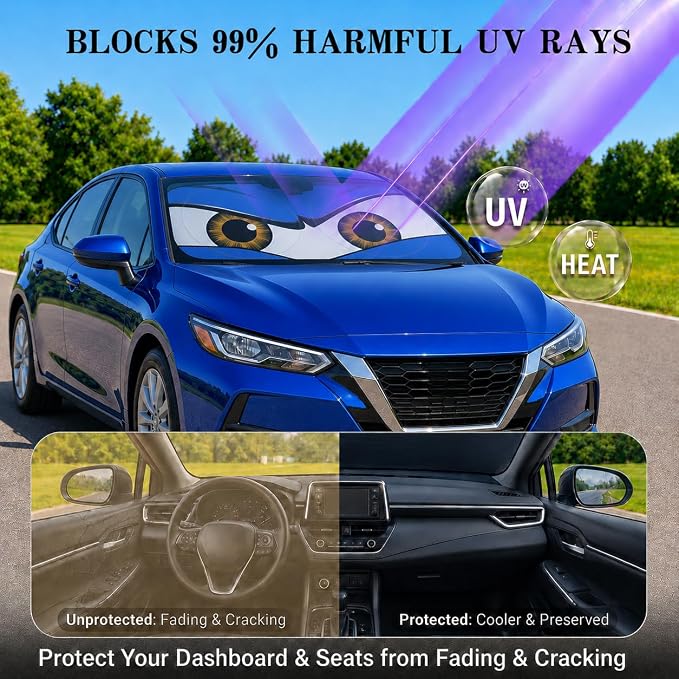 Car Windshield Sun Shade, Universal Fit Compact Sedan SUV, Monster Blue | 57 x 29.5" Car Sun Visor, Foldable Front Window Sunshade, UV Heat Protection, Cute Eyes Series - Image 3