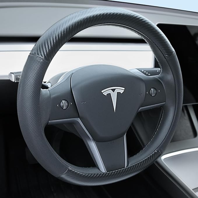 Uxcer Carbon Fiber Leather Steering Wheel Cover for Tesla Model 3/Y 2016-2025 2026 Juniper/Highland, Non-Slip Breathable Steering Wheel Protector for Tesla Model 3/Y Accessories 2026 by Uxcer