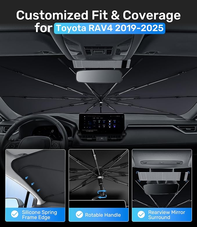 Zanch Upgrade Windshield Sun Shade, Custom Fit for Toyota RAV4 2019-2025 [Titanium-Silver Reflective Coating] Blocks 99% UV & Heat, Sunshade Umbrella for RAV4 2019 2020 2021 2022 2023 2024 2025 - Image 5
