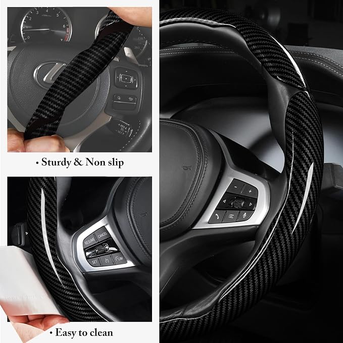 Carbon Fiber Steering Wheel Cover Universal 3pcs Protector Glossy Black | Snap on Car Steering Wheel Cover Accessories 3pcs Set Wrap Grip Non Slip Protector - Image 5
