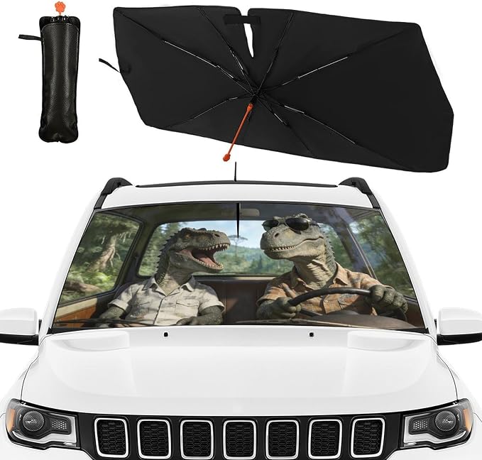 Dinosaur Car Windshield Sun Shade Umbrella Bendable Handle Foldable Funny Dinosaur Animal Driving Sunshade for Car Windshield Block UV Rays Keep Vehicle Cool for Most Sedans SUV Trucks 57"x30" - Image 4