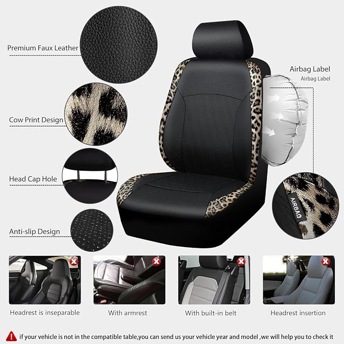 CAR PASS Leopard Print Faux Leather Car Seat Covers & Leopard Car Mats&Leopard Steering Wheel Cover Seat Belt Universal Car Accessories for SUV,Van,Saden,Truck Automobile Interior Sets(Gold Black) - Image 3