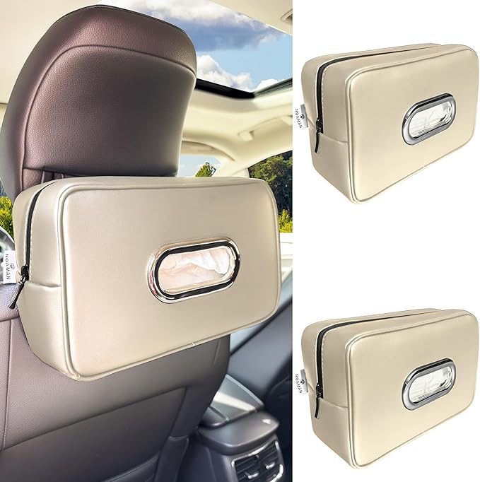 Noaman 2Pack Car Tissue Holder Leather, Car Kleenex or Napkin Holder Beige | Large tissue holders for car fit 120 Kleenex boxes. Rectangular backseat napkin holder Essential car organization accessories by Noaman
