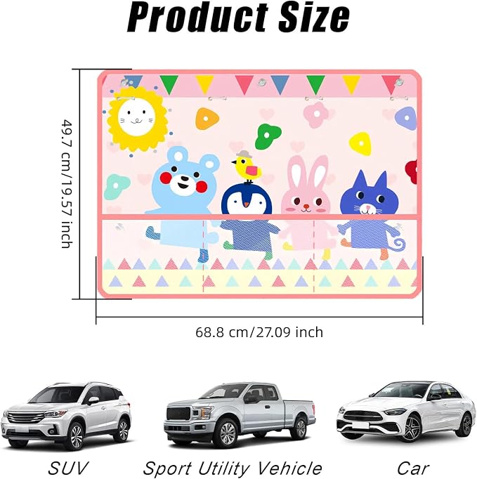 Car Window Shade for Baby, Car Sun Shade Curtain with Storage Pockets & Suction Cups, Cartoon Sun Blocker Blind for Side Windows, Blocks Heat, Privacy Cover for SUV Sedan (Critter Crew) - Image 2