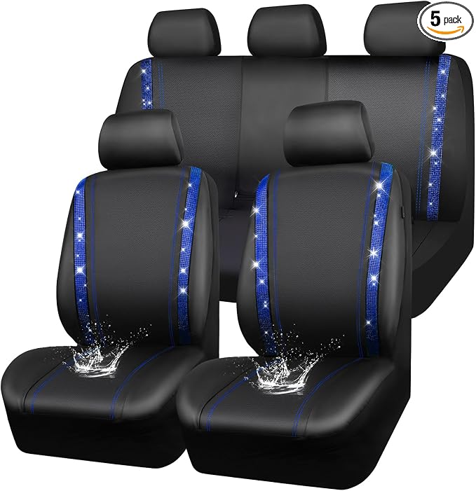 CAR PASS Bling Diamond Car Seat Covers Full Set, Shining Rhinestone Waterproof Faux Leather, Rear with Zipper, Universal Fit Automotive Glitter Crystal Sparkle Strips for Cute Women Girl, Blue by CARPASS