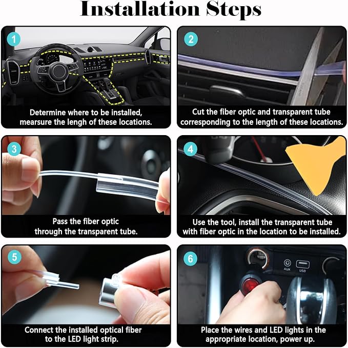 DEHERANE RGB Interior Car LED Strip Lights, APP Control | 6 in 1 Car Ambient Lighting Kit with 315 inches Fiber Optic, 16 Million Colors Car LED Lights, Sync to Music - Image 6
