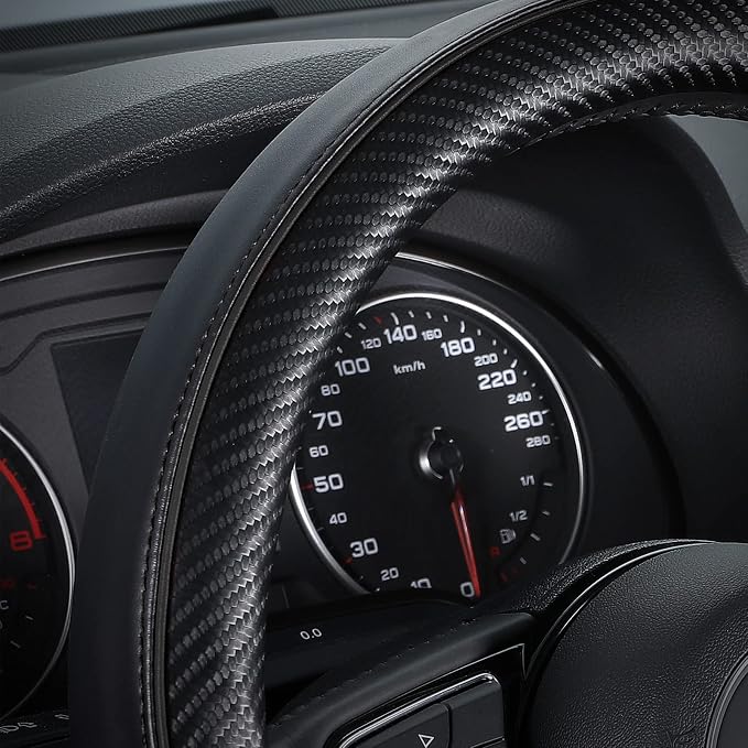 SEG Direct Steering Wheel Cover 14"-14.25" Heavy-Duty, Black Carbon Fiber | 35.5-36cm for Prius Civic Model 3 Model Y Camaro, Microfiber Leather Carbon Pattern, Non-Slip Car Auto Interior Accessories - Image 3