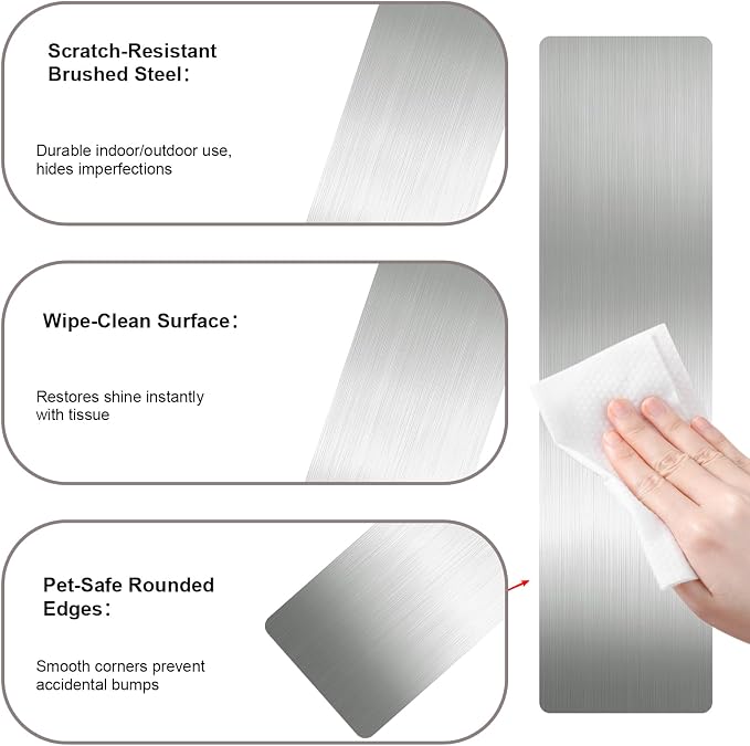 Dog Door Protector from Scratching, Steel Guard, Brushed Silver 4"x16" | Prevents Claw Marks & Scuffs, Smooth Rounded Corners, Self-Adhesive Install, Anti-Scratch Kick Plate, 2 Pcs - Image 3