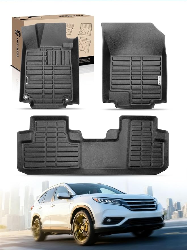 YHTAUTO Automotive Floor Mats for Honda CR-V 2012-2016 | for Carpet Flooring Only | TPE All Weather Car Mats, Anti-Slip & Custom Fit Floor Liners | Front & 2nd Row, Black, Set of 3 by YHTAUTO
