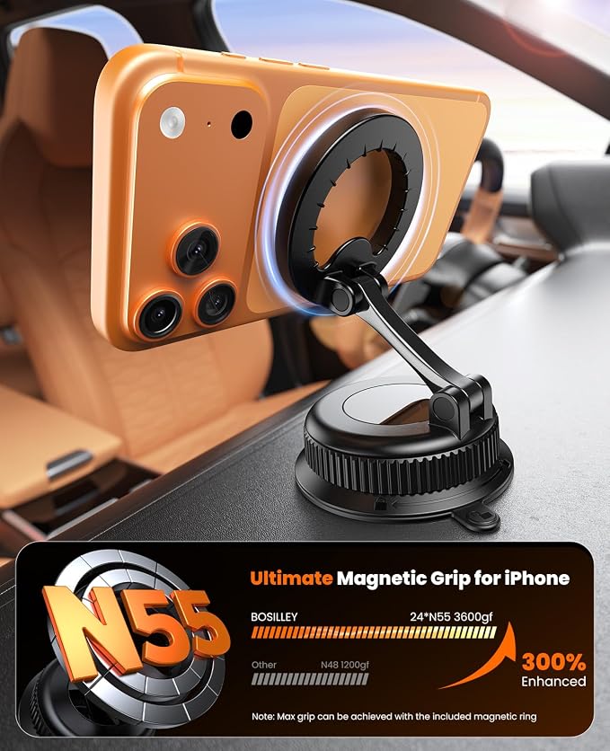 Vacuum Car Phone Holder for MagSafe, No-Glue Suction Cup Mount with Dashboard Pad, Reinforced Zinc Alloy Hinge, 360° Rotatable Foldable Cell Phone Holder for iPhone 17 16 15 14 13 12 Series - Image 6