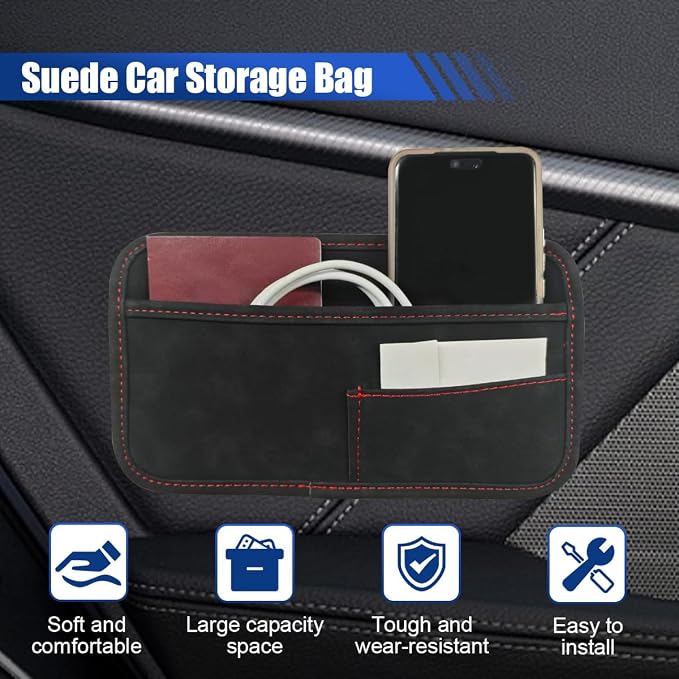 Car Seat Side Pocket Organizer, Suede Auto Door Storage Pouch, Mini Self-Adhesive Car Console Organizer, Universal Vehicle Cell Phone Holder for Key, Pen, Sunglasses(Black) - Image 3