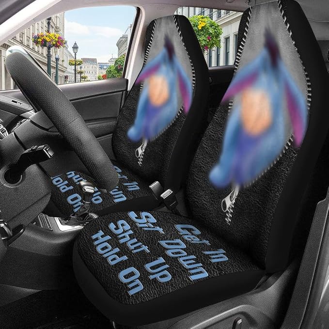 GENANY Blue Cartoon Donkey Car Seat Covers, 2-Piece Front Seat Set | 2-piece polyester front seat cover set, each 35 x 21 x 21 inches, with adjustable straps and hooks - Image 3