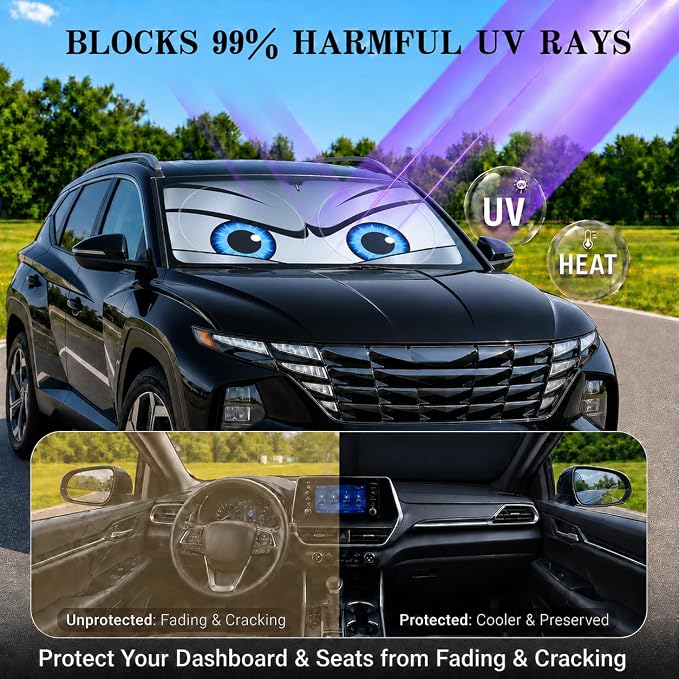 Car Windshield Sun Shade, Universal Fit Midsized Sedan SUV, Sporty Silver | 61 x 31.5" Windshield Cover, Foldable Front Window Sunshade, UV Heat Protection, Cute Eyes Series - Image 3