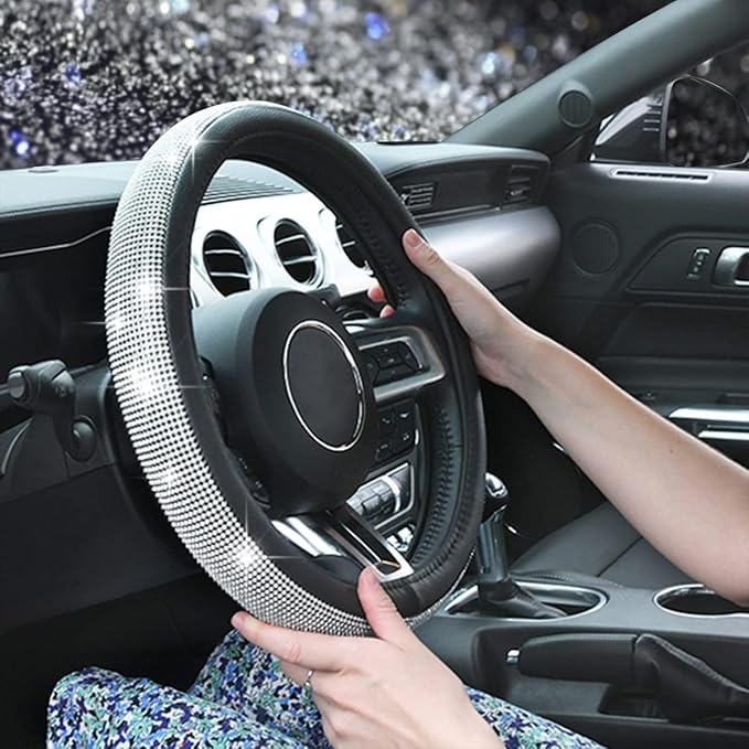 CAR PASS Bling Diamond Leather Steering Wheel Cover, with Bling Sparkly Crystal Glitter Rhinestones Universal Fit 14.5in-15in Car Wheel Protector for Women Girl Fit Suvs,Vans,Sedans,Car,Trucks, Silver - Image 4