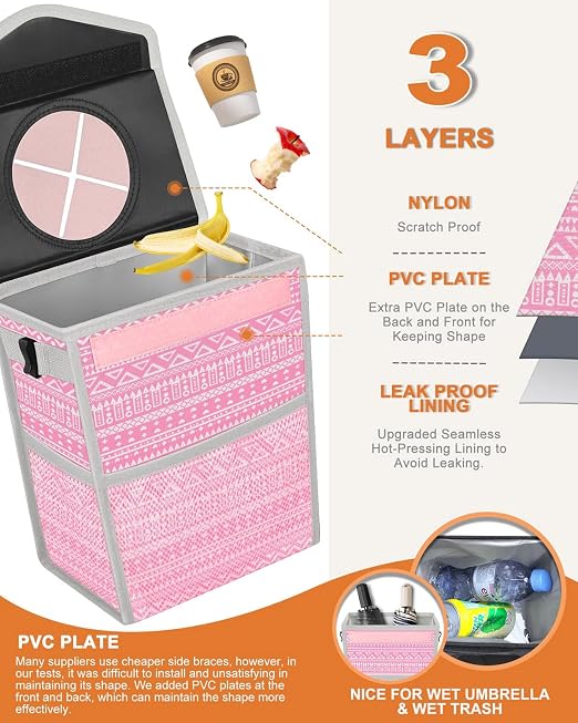 Pritent Car Trash Can with Lid Leakproof Car Garbage Bag Vehicle Trash Bin | Hanging Automotive Garbage Can,Multipurpose Car Accessories for Women Men Interior Car Storage Organizer(2.8 Gal,Pink Print) - Image 3