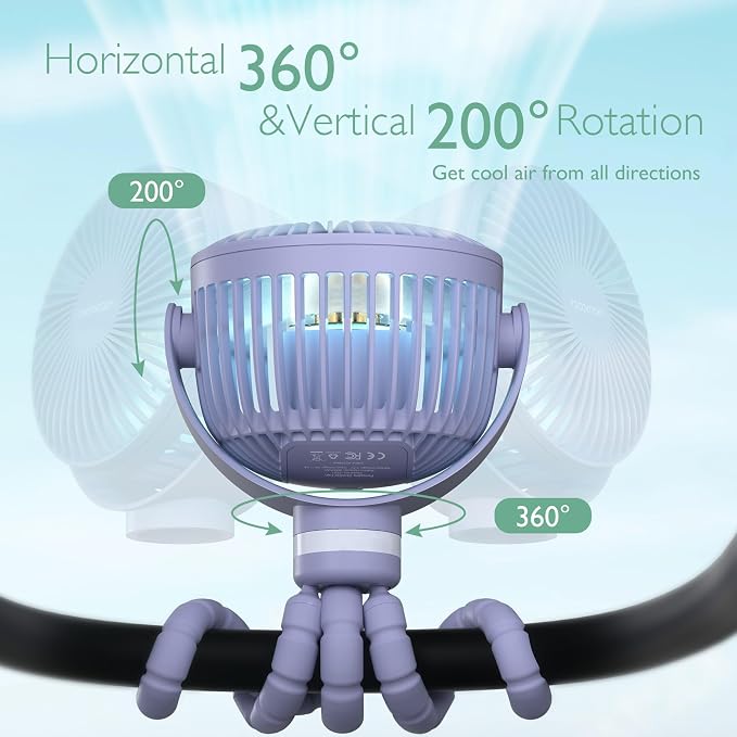 Momcozy 8000mAh Portable Stroller Fan, 27H Ultra-long Battery Life | Detachable 4 Speed 360°Rotate LED Night Light with 2 Modes, USB Rechargeable Handheld Cooling Fan for Travel/Car Seat/Bedroom - Image 7