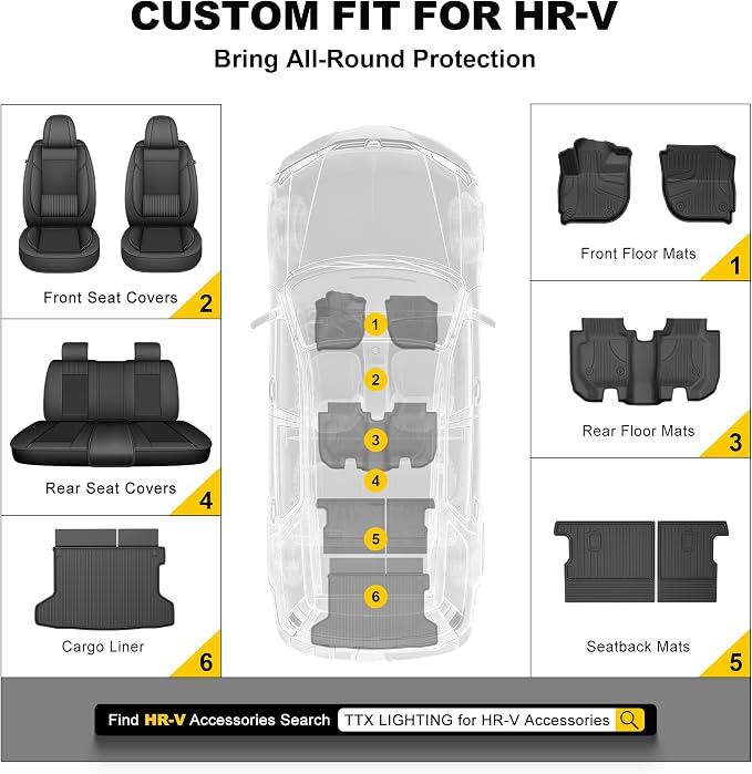 Full Set Floor Mats for Honda HRV 2016-2022 | All Weather TPE Custom Fit HR-V Floor Liners 1st & 2nd Row & Seat Back Mat & Cargo Mat - Image 9