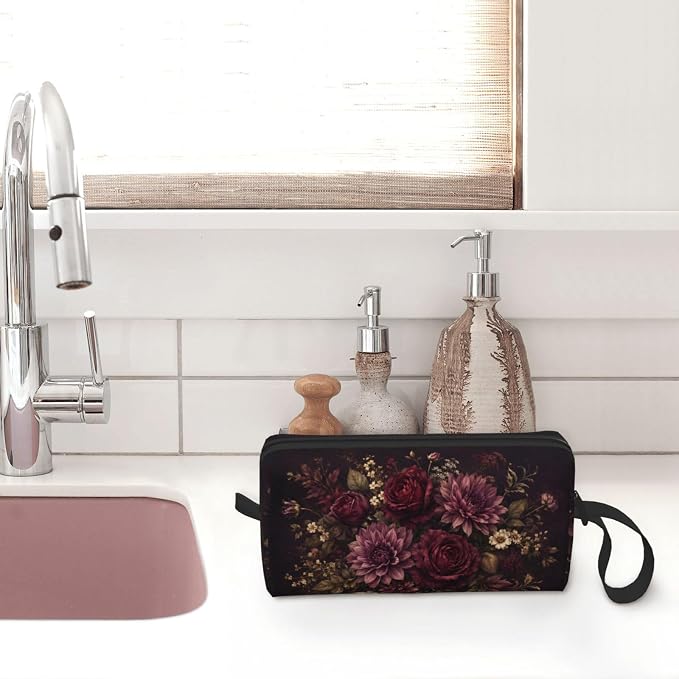 Burgundy Floral Small Makeup Bag, 600D Oxford Travel Pouch | Burgundy Floral Cosmetic Pouch with Double-Sided Print and Foam Padding for Women, Travel, Gym, Weekend Trips and Daily - Image 7