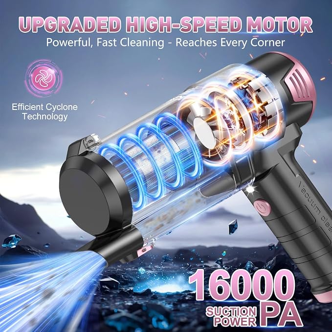 KMM Handheld Car Vacuum Cleaner, Hand Held Car Vacuum & Air Duster | 16000PA Strong Suction, 120W High Power, Cordless, Portable, Rechargeable, Multi-Nozzles & LED Light, For Home, Car, Office - Image 2