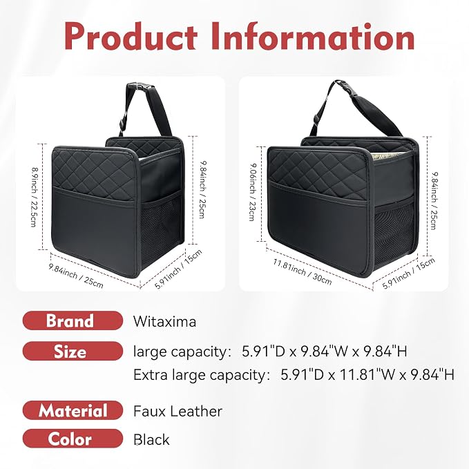 Witaxima Upgraded Extra Large Car Seat Organizer Backseat with 3 Storage Pockets, Multipurpose Car Organizer Hanging Car Trash Bag Can Premium PU Leather Garbage Can 3 Gallon Large Capacity, Black. - Image 7