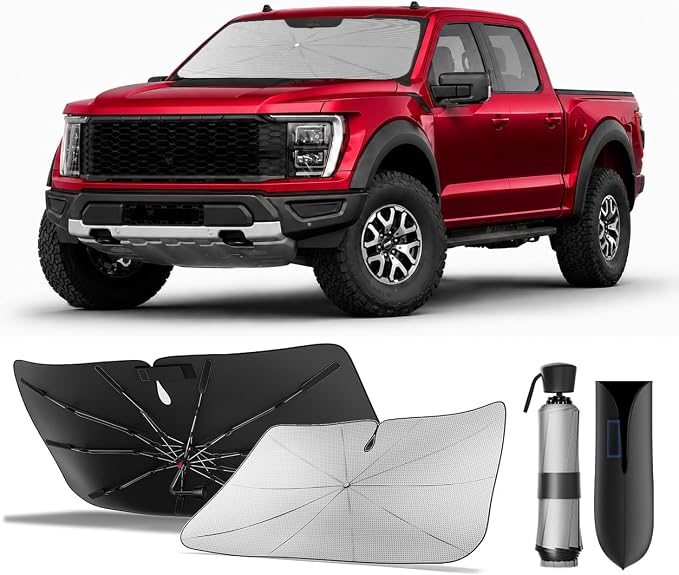 Zanch Windshield Sun Shade Umbrella for F-150/ F-250/ F-250 2011-2026 [99% UV Protection, Up to 75℉ Cooler] Snug Fit, Sturdy Frame, Scratch-Free Interior, Foldable Front Sunshade Umbrella by Zanch