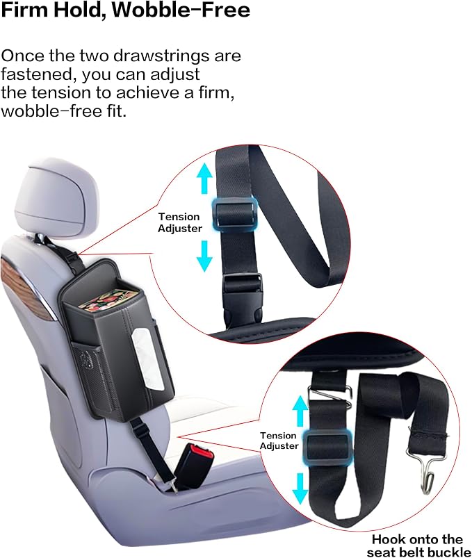 Car Tissue Holder for Front Seat | Wide Refill Opening, 2 Side Mesh Pockets for Phones & Cards, Fits 150 Tissues, Durable PU Leather car seat organizer - Image 9