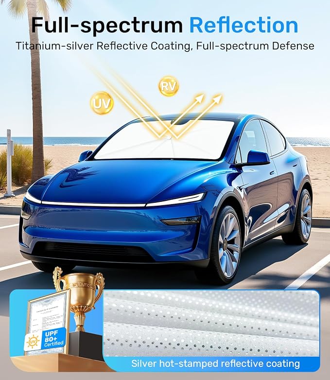 Zanch Upgrade Windshield Sun Shade, Custom Fit for Tesla Mode Y 2017-2026 [Titanium-Silver Reflective Coating] Blocks 99% UV & Heat, Sunshade Umbrella for Model Y 2017 ... 2024 2025 2026 - Image 3