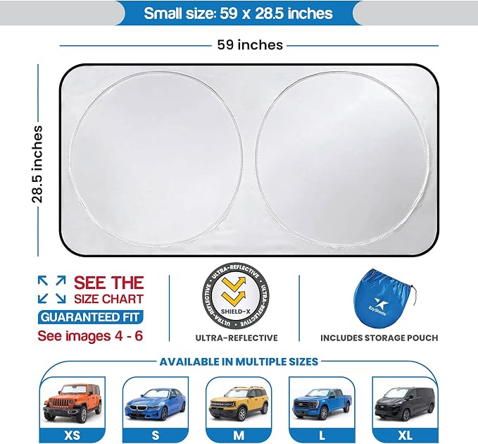 EzyShade Car Windshield Sun Shade. See Vehicle Size-Chart. Small (S) Size | Foldable 1-Piece Sunshade with Shield-X Reflective Technology. Sun Visor for Car Front Windshield Window. See Size Chart - Image 3