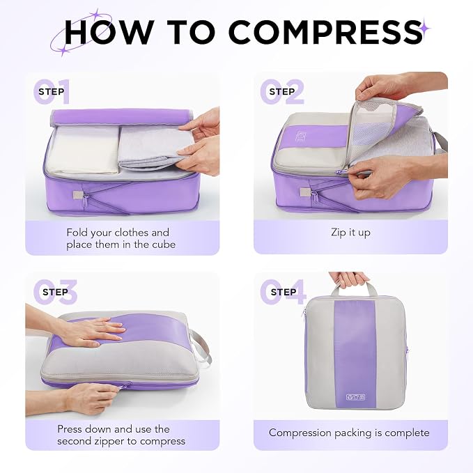 OlarHike 10 Set Compression Packing Cubes for Travel Essentials,Compressible Expandable Space Saver Bags for Organizing Clothes,Luggage Garment Bags with Over 1000 pcs Mesh Holes(Light Purple) - Image 3