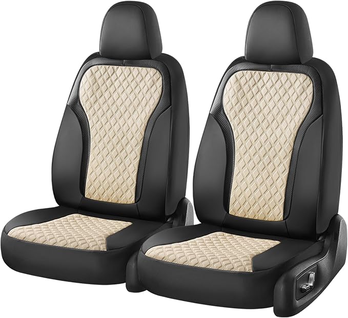 Coverado Front Seat Covers, 2-Pack Luxury Diamond Leather Car Seat Cover with Carbon Fibre Weave Design, Waterproof Car Seat Protectors, Black&Beige Driver Seat Covers Universal Fit for Cars Trucks - Image 6