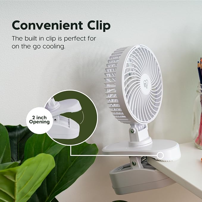IRIS USA 5" Battery Operated Clip On Fan, D-Battery Powered, Outdoor, White | Compact Foldable Personal Fan, Portable Travel Mini Desk Fan, Pet Stroller Car Fan, Office Bedside Picnic Camping Outdoor - Image 4