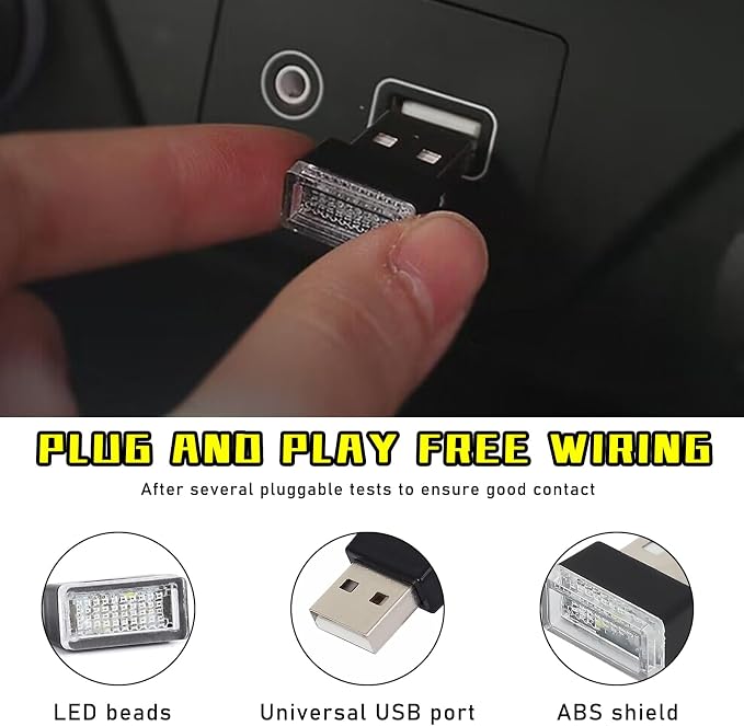 Augeny 4 PCS USB LED Car Interior Atmosphere Lamp, Plug-in USB Decor Night Light, Portable Auto Ambient Lighting Kit, Universal Vehicle Interior Accessories for Most Cars (Yellow) - Image 3