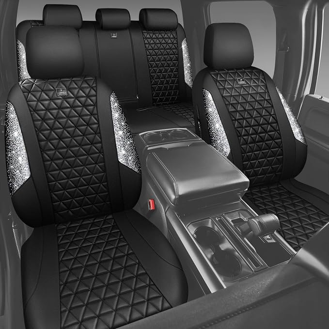 CAR PASS Bling Diamond Leather Car Seat Covers for 2 Front Interior Sets, Waterproof Shining Glitter Sparkly Crystal Universal Armrest Fit Automotive Truck SUV Cute Women Girl, Black Silver Rhinestone - Image 7