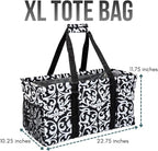 Extra Large Utility Tote Bag - Oversized Collapsible Reusable Wire Frame Rectangular Canvas Basket With Two Exterior Pockets For Beach, Pool, Laundry, Car Trunk, Storage - Damask Black - Image 4