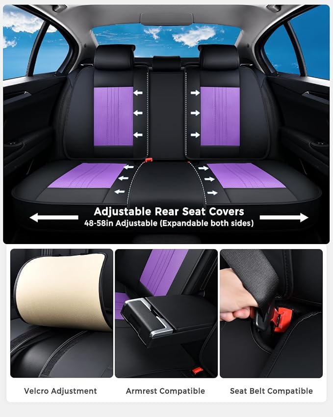 Huidasource Universal Car Seat Cover, Luxury Faux Leather Car Seat Cover Set Velcro Adjustable with Airbags, Thinning Design Perforation Cooling＆Heating Fit for Most Cars Vans Trucks SUVs Black&Purple - Image 3