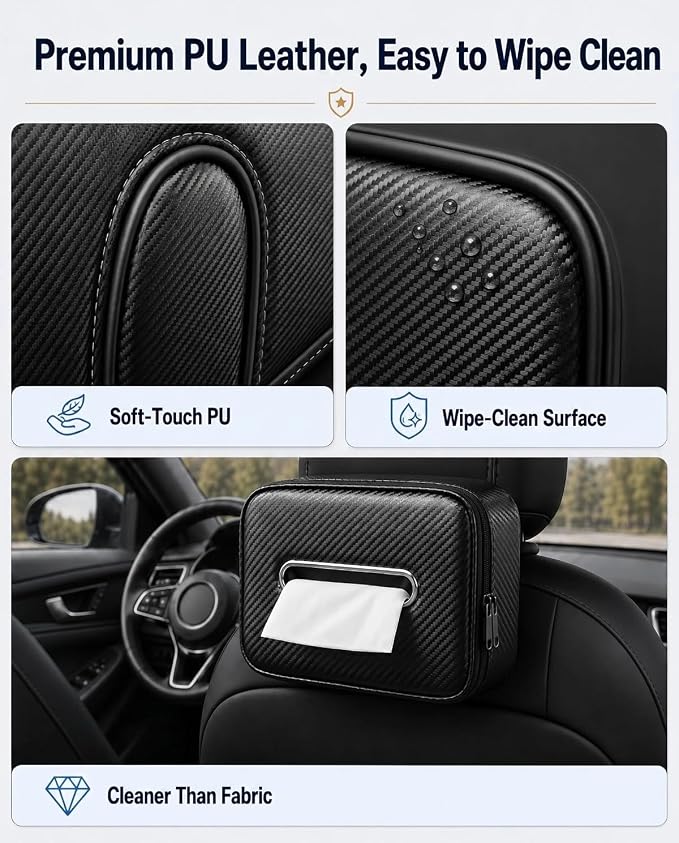 Carbon Fiber Texture Car Tissue Holder, Extra Large Car Tissue Box Holder for 120–230 Count Rectangular Tissue Boxes, Wider Opening, Dual Zipper, Fits Headrests, Consoles, and Seat Backs - Image 7