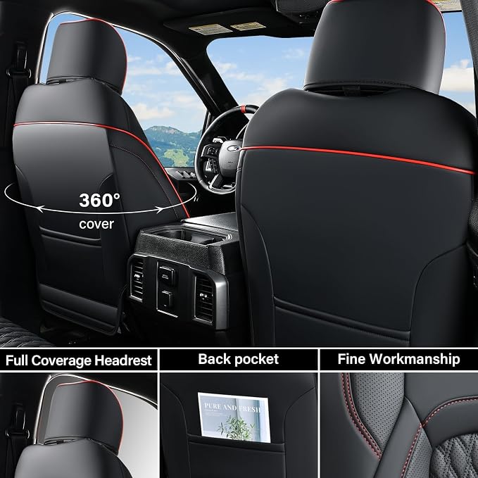 Coverado Chevy Chevrolet Silverado GMC Sierra Seat Covers Full Set, Custom Fit for 2014-2018 1500, 2015-2019 2500HD 3500HD Crew Double Extended Cab, Faux Waterproof Leather Seat Covers (Redline) - Image 2