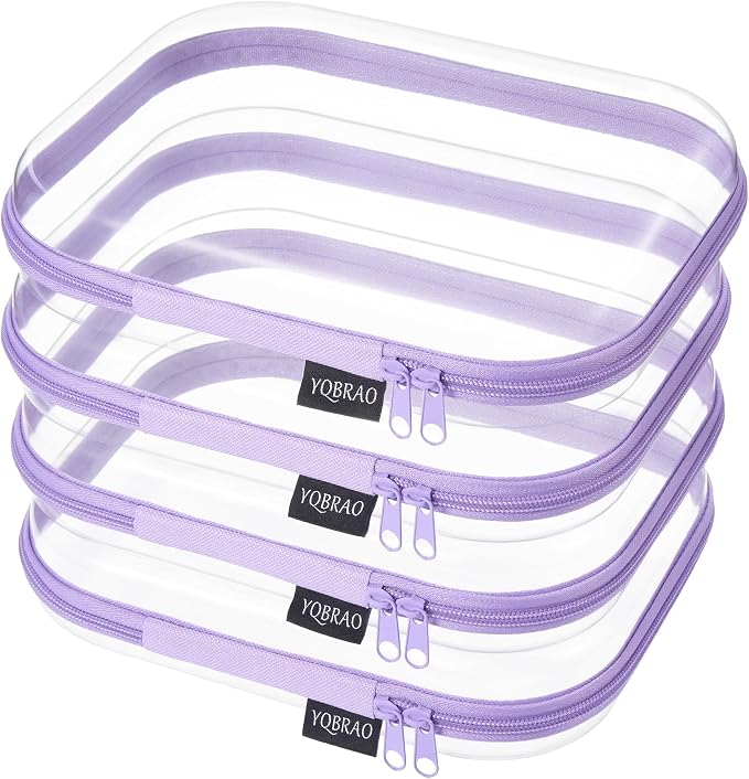 YQBRAO Clear Hard Shell Zipper Cases, 4 Medium Makeup Organizers, Purple | Rigid 1.2 mm PET and YKK dual zippers for skincare, toiletries, chargers, notebooks and daily essentials by Unknown