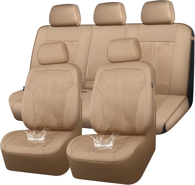 CAR PASS Waterproof Car seat Covers Full Sets Neoprene Wetsuit, All-Weather Non-Slip Durable, Universal Fit for SUV Sedans Trucks Vans Automotive, Armrest Airbag Compatible, 3D Emboss All Beige by CARPASS