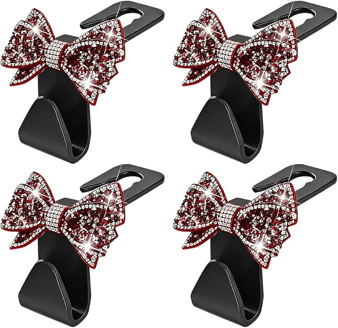Zpana Bling Car Headreat Hook, 2PCS Crystal Rhinestone Cute Bow Vehicle Seat Back Hanger Storage for Purses Bags Grocery, Diamond Auto Rear Seat Organizer, Universal for SUV Truck Sedan (Red) - Image 7