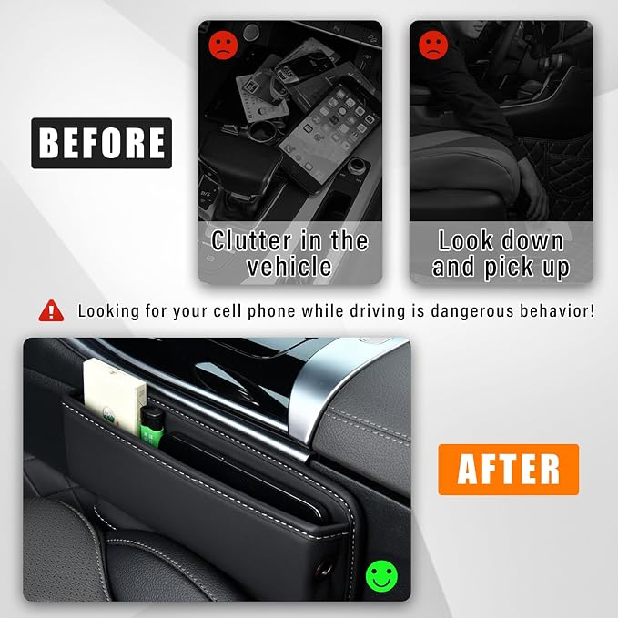 Ziciner Car Seat Gap Organizer, Premium Leather Auto Seat Storage Box, Vehicle Adjustable Front Seat Gap Filler, Car Seat Side Pocket Organizer for Phones, Glasses, Keys, Money, Cards (Black) - Image 4