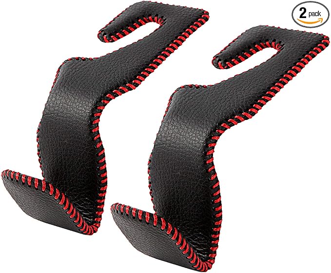 AMVOYOA Car Headrest Hook, Leather Vehicle Back Seat Hanger Storage for Purse Groceries Bag and More, Black&Red, Pack of 2 by AMVOYOA
